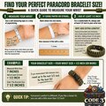 An instructional sizing chart guide titled Find Your Perfect Paracord Bracelet Size with three numbered steps and diagrams.