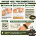 An instructional size guide graphic with text, diagrams of a wrist being measured with tape, and a ruler.