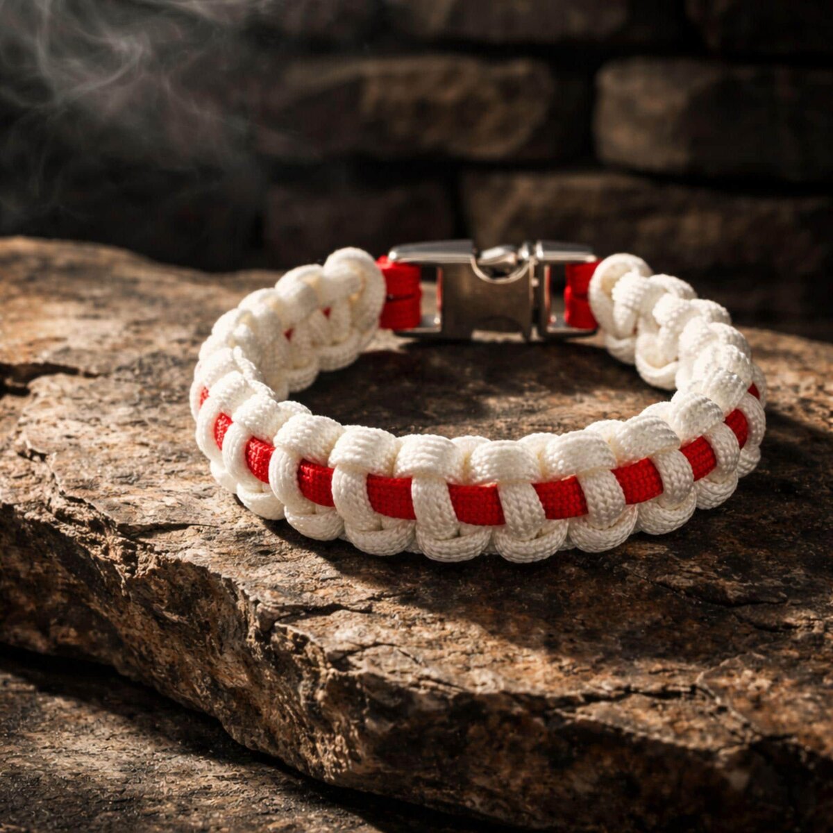 Thin Red Line (on White) Nurse Paracord Bracelet | Cobra Knot | Veteran Made | Silver-tone Buckle