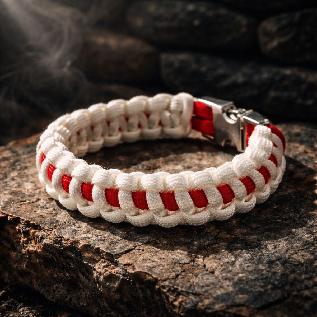 Thin Red Line (on White) Nurse Paracord Bracelet | Cobra Knot | Veteran Made | Silver-tone Buckle