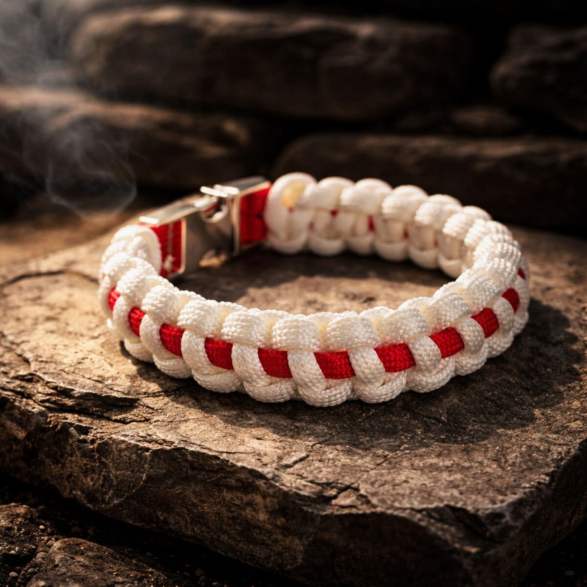 Thin Red Line (on White) Nurse Paracord Bracelet | Cobra Knot | Veteran Made | Silver-tone Buckle