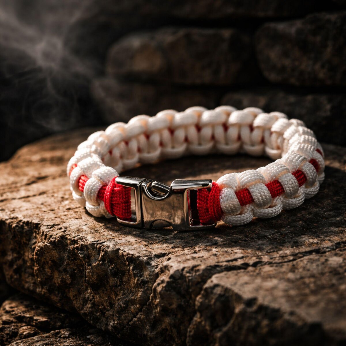 Thin Red Line (on White) Nurse Paracord Bracelet | Cobra Knot | Veteran Made | Silver-tone Buckle
