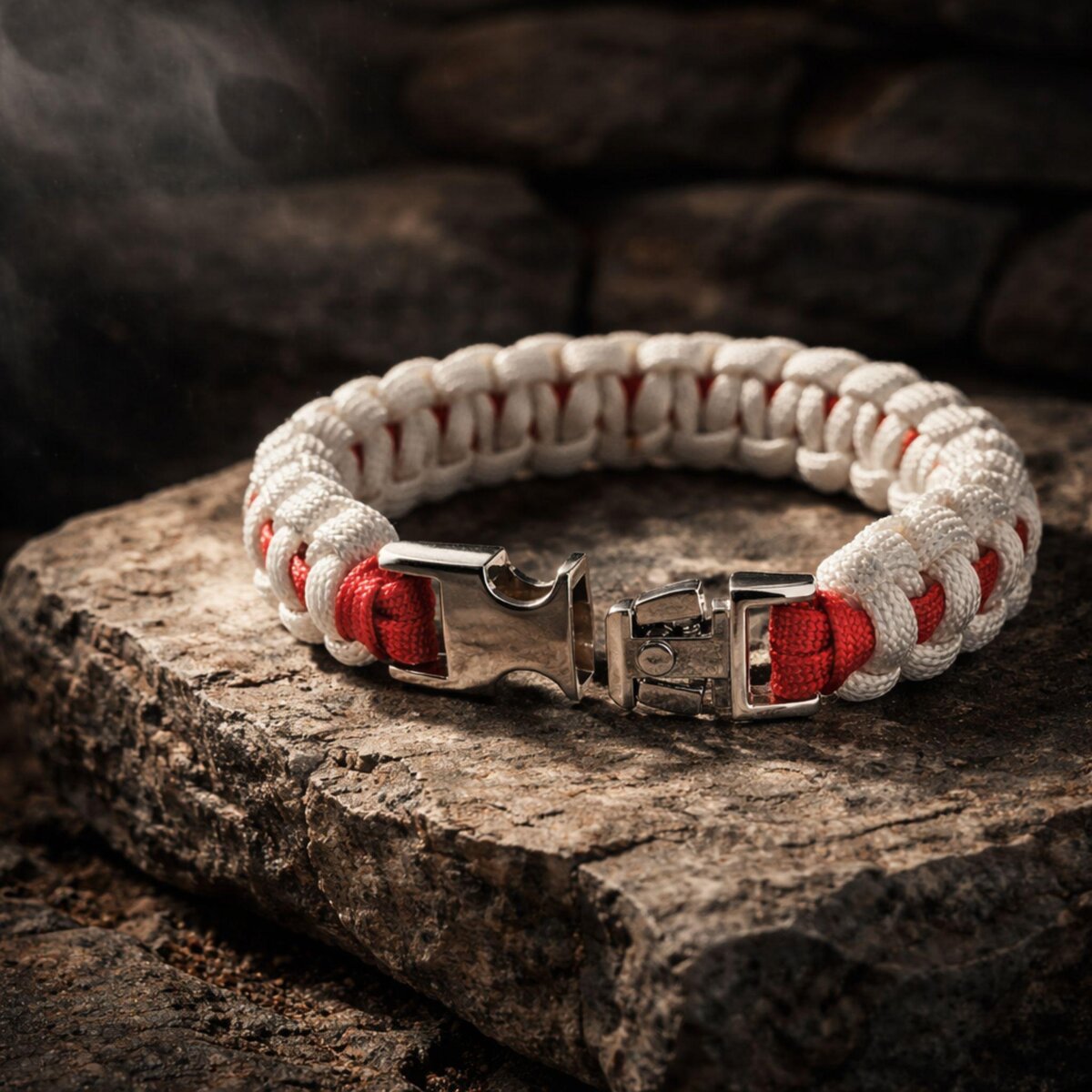 Thin Red Line (on White) Nurse Paracord Bracelet | Cobra Knot | Veteran Made | Silver-tone Buckle